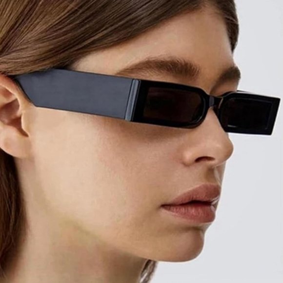 Black Small Thin Narrow Square Fashion Old School Unisex Mens Womens Sunglasses - Picture 4 of 9